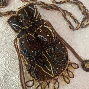 Vintage Gold/Brown Beaded Crossbody Mini Bag Purse